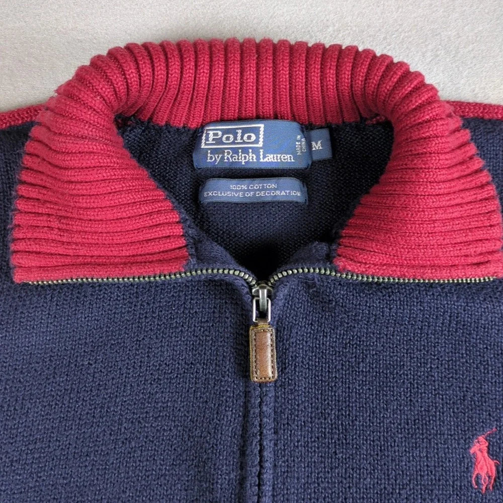 Vintage Polo Ralph Lauren 1/4 Zip Sweater Mens Medium Blue Red Striped Sleeve